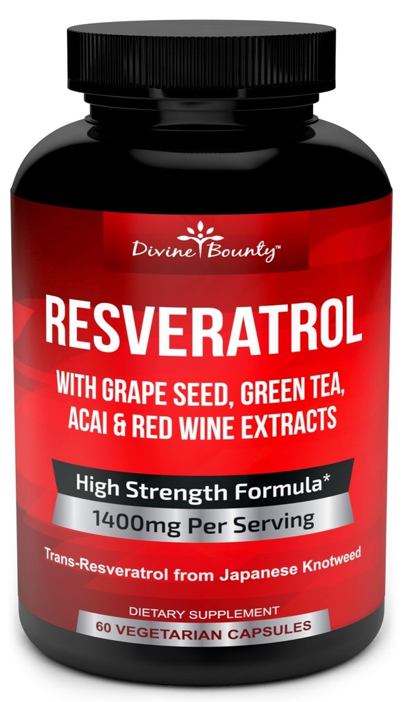 Supplément Resveratrol - 1400mg Formule de force supplémentaire avec extrait de graines de raisin, extrait de thé vert, extrait de vin rouge - 60 capsules de légumes