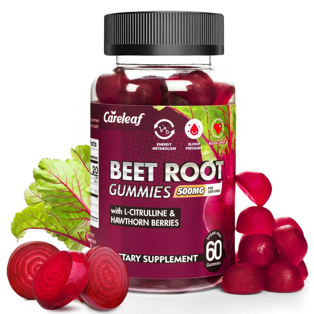Gommies de racines de betteraves végétaliennes sans sucre pour la pression artérielle, Gommies de betteraves avec L-Citrulline et extrait d'épine hawthorn, Peach Flavor Beet Chews pour haute pression artérielle, 60 comte