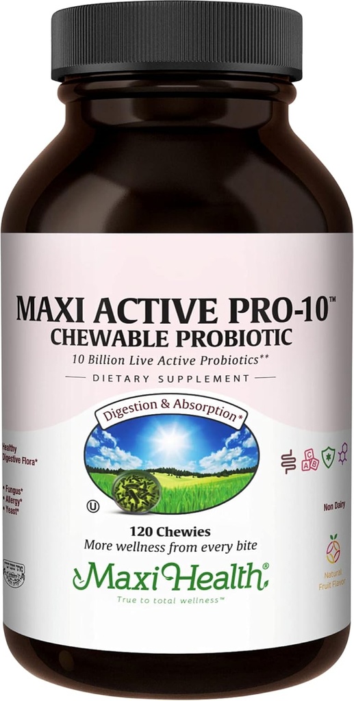 Maxi Health Active Pro-10 Kids Probiotic Chewables – 15 Strains for Digestive & Immune Health – 10 Billion probiotic Blend- Dairy-Free, Kosher – Unterstützt Gut Health, Vegetarisch – 60 ct (Shelf Stable)
