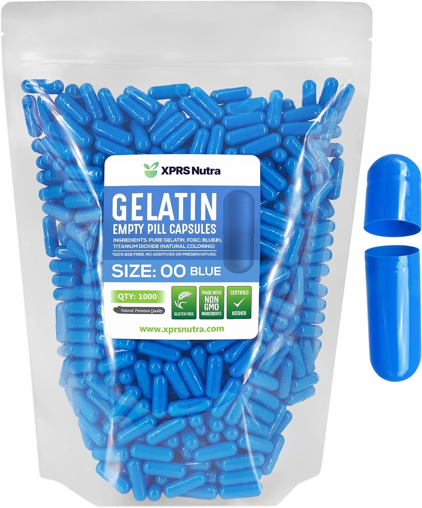 XPRS Nutra Size 00 Empty Capsules - 1000 Count Empty Gelatin Capsules - Pills DIY Capsule Filling - Fillable Gel Caps for Do-It-Yourself Supplements (Blue)