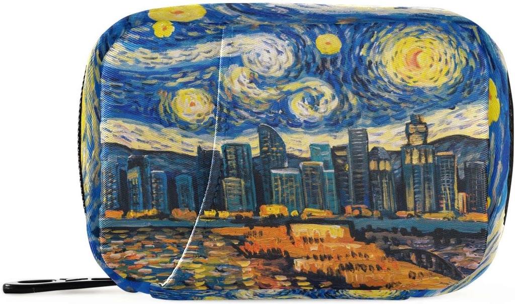 Pill Box 7 Day Starry Night Sky City Pill Case Sac de voyage Pill Organizer Sac avec zipper Portable Weekly Case Taille compacte pour le support de supplément de vitamine