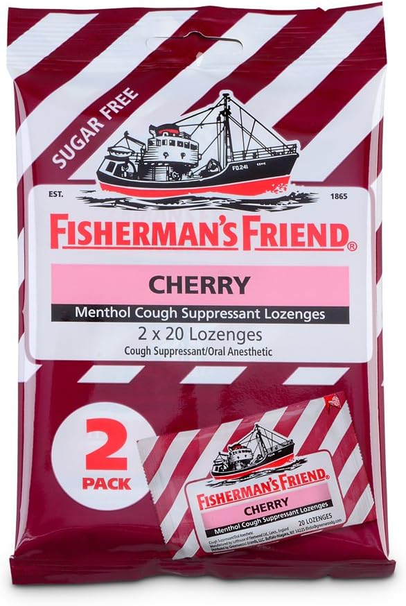 Hustentropfen von Fisherman's Friend, Cough Suppressant und Sore Throat Lozenges, Cherry Sugar Free Menthol Flavor, 40 Count
