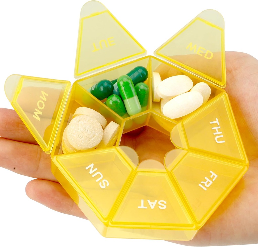 Organisateur de pilules, boîte à pilules, cas de petites pilules, organisateur de médicaments 1 fois par jour, contenant de médicaments, organisateur de pilules semaines, contenant de pilules quotidiennes 7 jours (jaune)
