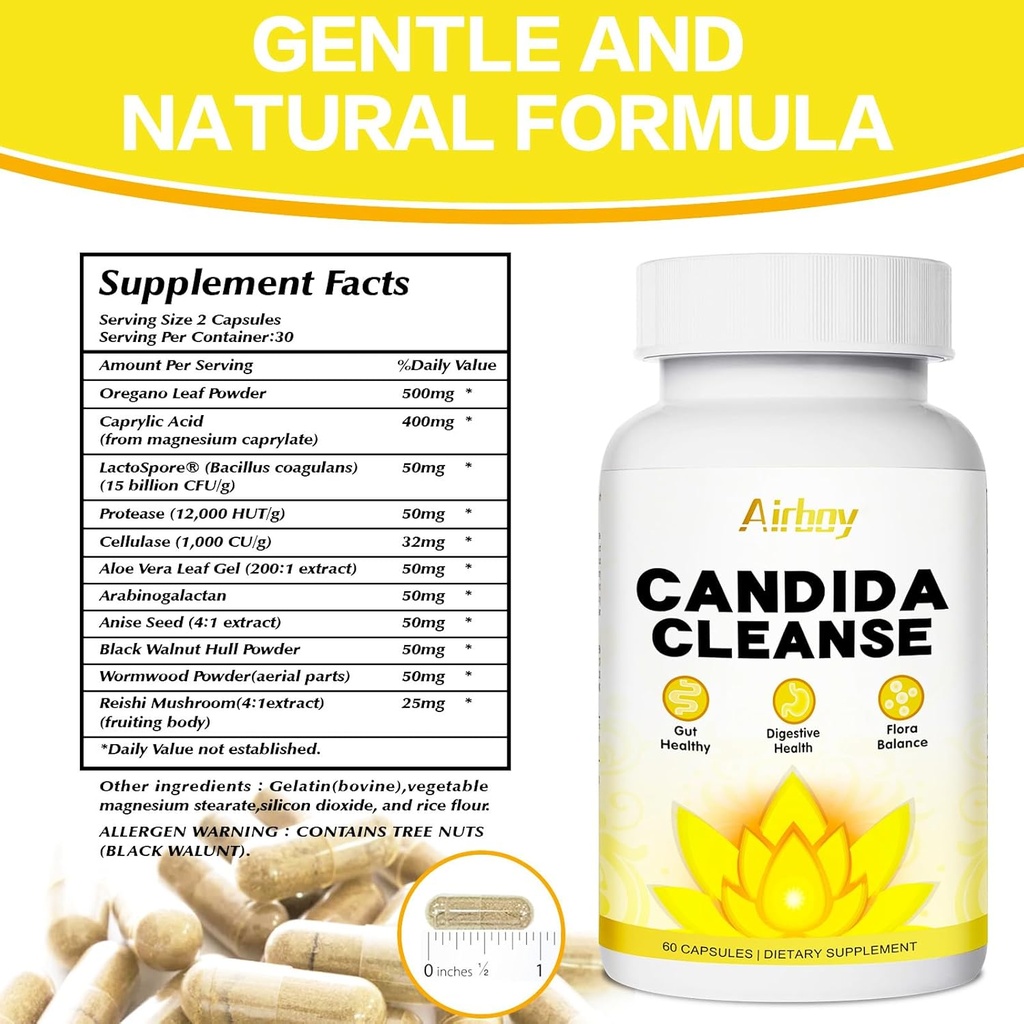 Airboy Candida Cleanse,Gut Colon Cleanse Detox for Women & Men,Candi Support with Oregano Leaf, Caprylic Acid，Wormwood, Black Walnut-60 Counts