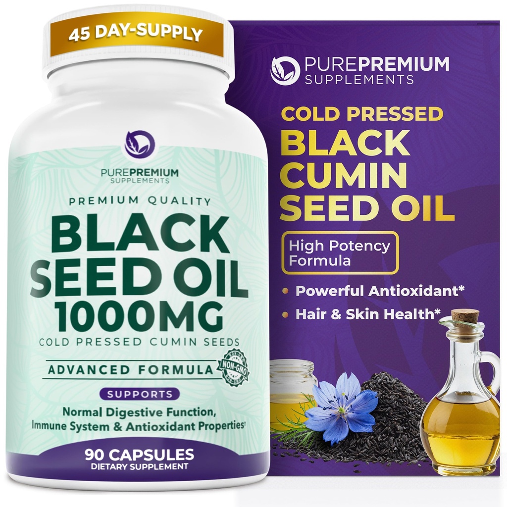 PurePremium Black Seed Oil 500mg - Organische Nigella Sativa Samen, kalt gepresste schwarze Cumin Öl Extrakt - Haar/Skin Ergänzung für Männer / Frauen Packung von 90 Kapseln