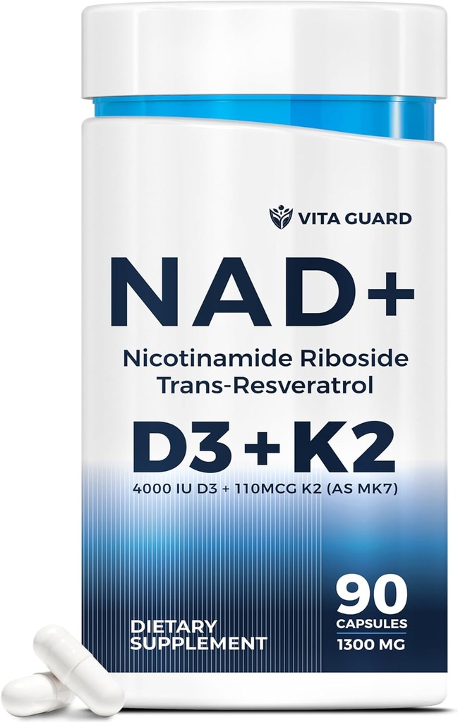Anti-Aging Energy NAD Ergänzung – NMN Alternative mit Nicotinamid Riboside 1000mg, Trans-Resveratrol 300mg, Vitamin D3 4000 IU und K2 110 mcg MK7 – Vegetarische 60 Kapseln, 1300mg