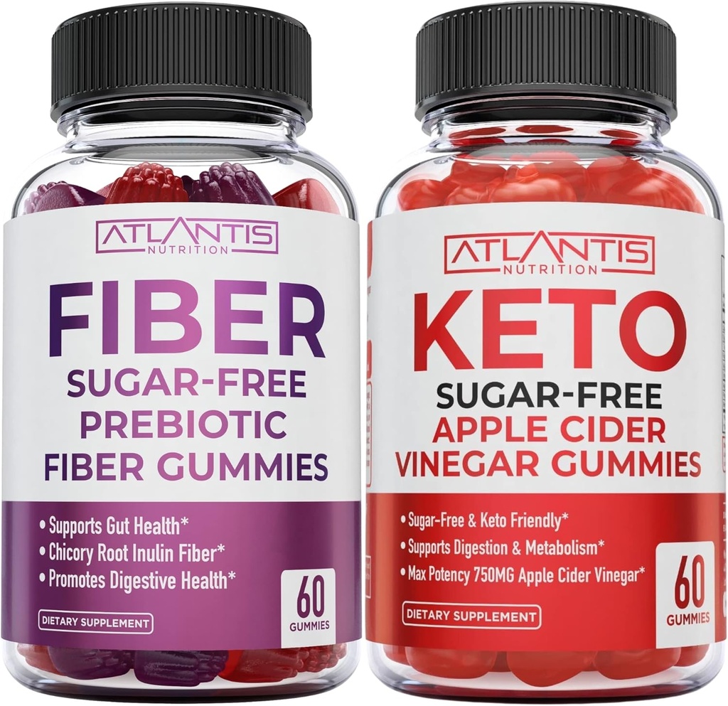 Atlantis Nutrition Sugar Free Prebiotic Fiber Gummis für Erwachsene 2-Pack (120 Gummi) + Sugar Free Keto Apple Cider Essig 60 Gummis