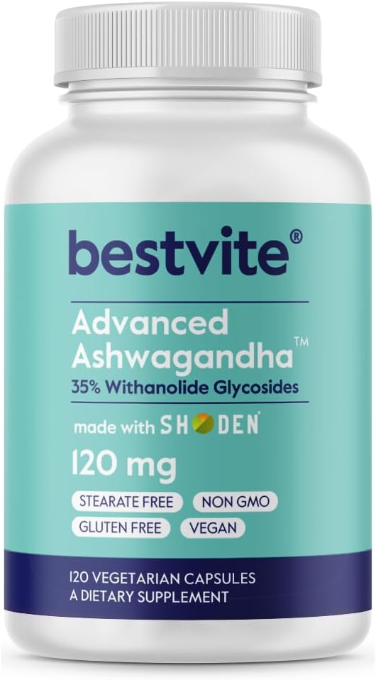 BESTVITE Advanced Ashwagandha 120mg w/Shoden (120 vegetarische Kapseln) - Klinisch untersuchte Enthaltende Industrie Leading 35% Withanolide Glycoside - No Stearates - Vegan - Non GMO - Gluten Free