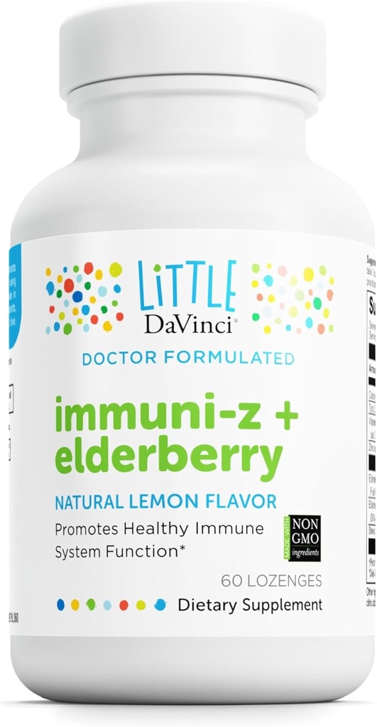 DAVINCI Little Immuni-z + Elderberry - Kids Zinc Lozenge zur Unterstützung von Immun-Gesundheit, gesünder Lunge- und Throat-Tissue* - mit Vitamin D3, Zink, Elderberry und mehr - Lemon Flavor - 60 Lozenges