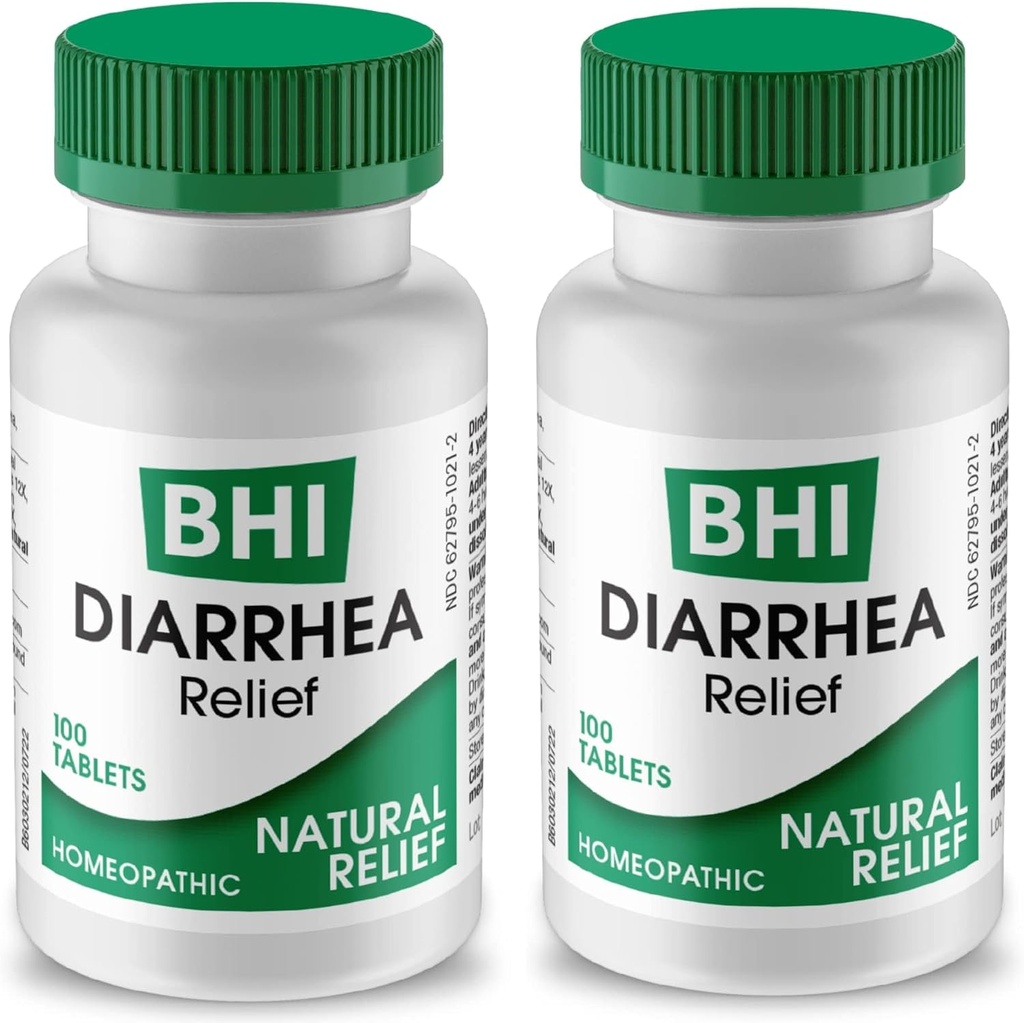 BHI Diarrhea Relief Fast-Acting Natural Remedy für Mild Diarrhea - 8 beruhigende homöopathische Wirkstoffe helfen, Stomach Ache, Gas & Cramps für Frauen & Männer - 100 Tabletten (Pack von 2)