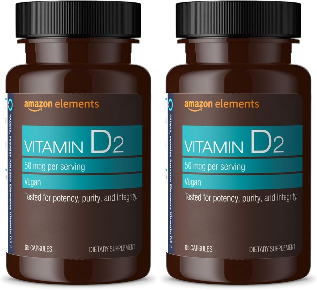 Amazon Elements Vitamin D2 2000 IU, Vegan, 65 Kapseln, Unterstützt starke Knochen und Immungesundheit, 2 Monate Versorgung (Packaging Mai Vary) (Pack von 2)