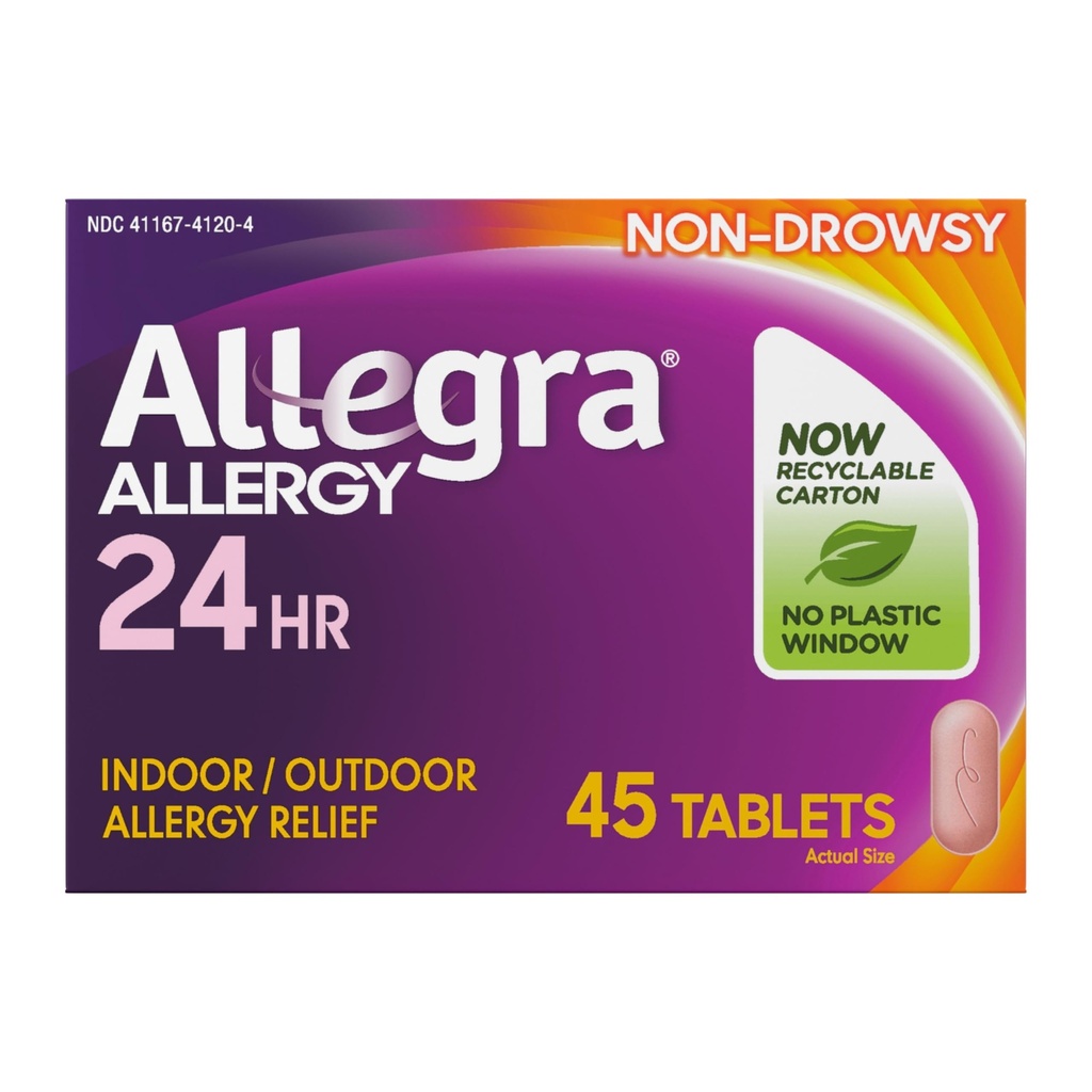 Allegra Comprimés antiallergiques pour adultes, 24 heures sur 24, médicaments antiallergiques intérieurs et extérieurs non somnolents, 180 mg Fexofenadine HCI Antihistamine Pill, 45-Count