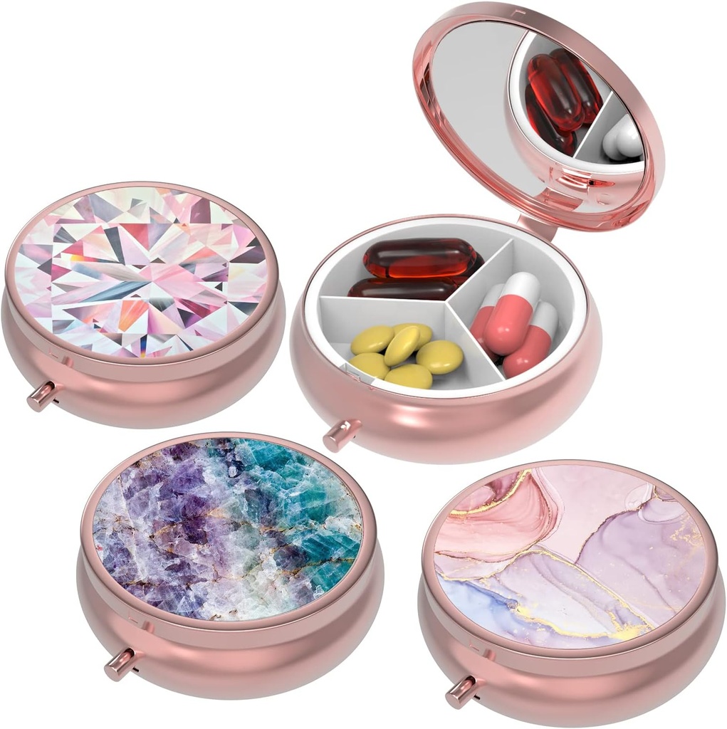 Small Pill Box,Pill Case for Purse&Pocket,3 Compartments Travel Pill Case Medication Organizer Speicher für Vitamine, Pillen, Fischöl und Ohrringe, Studs,Rose Gold-3Round