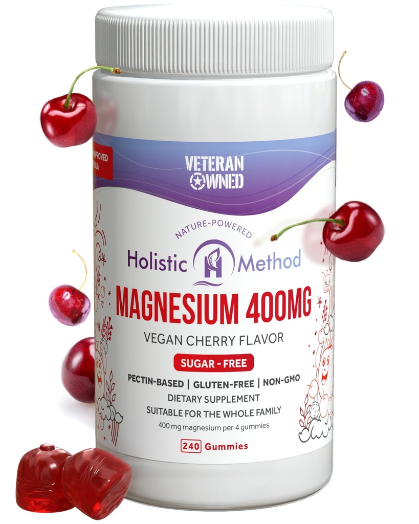 Gommies de citrate de magnésium - Sans sucre, végétalien et non-OGM pour mieux dormir et se détendre - Pas d'alcool sucré - Supplément de magnésium pour adultes, adolescents et enfants - Cerise - 240 Chews