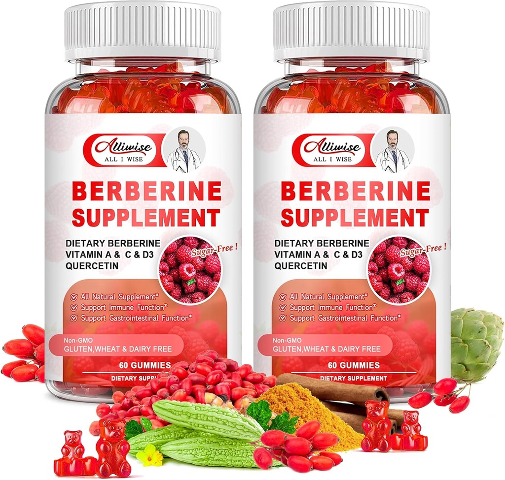 Sugar-Free Berberine Supplement Gummis, Original Berberine HCL mit Ceylon Cinnamon, Quercetin, Multivitamin, Unterstützung Immun- & Gastrointestinal Funktion & Stoffwechsel für Frauen & Men