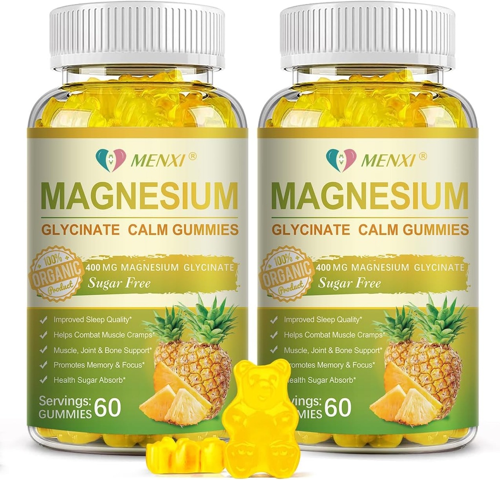 Magnesium Glycinate Gummies 400mg, Zuckerfreier Magnesium Taurat, Magnesium Malat Ergänzung mit Vitamin D, B6, CoQ10 für Entspannung, Stress Relief, Muskel, Knochen & Schlaf Unterstützung-120 Ananasgummis
