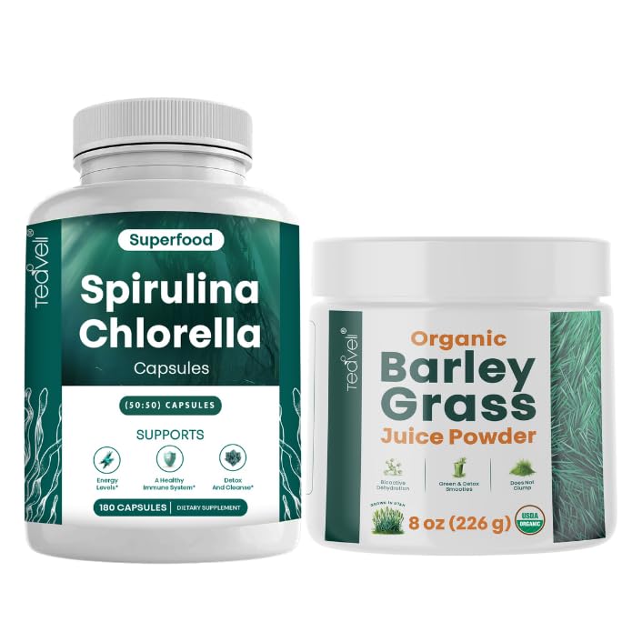 Teaveli Spirulina Chlorella Capsules et poudre de jus d'orge