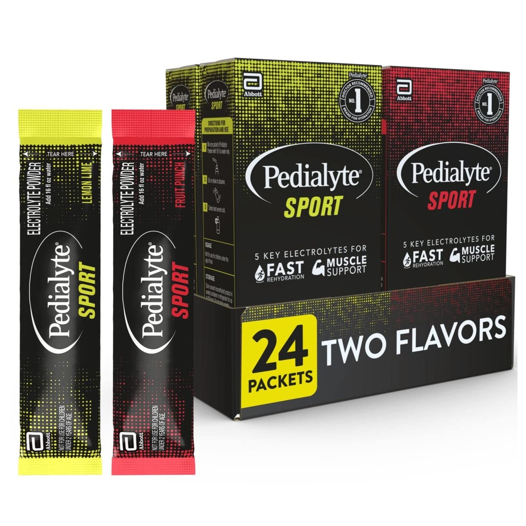 Pedialyte Sport Elektrolyt-Pulver, schnelle Hydration mit 5 Schlüsselelektrolyten für Muskelunterstützung vor, während, & nach Übung, 12 Zitronen Lime & 12 Obst-Punch, 0.49-oz Pakete (24 Count)