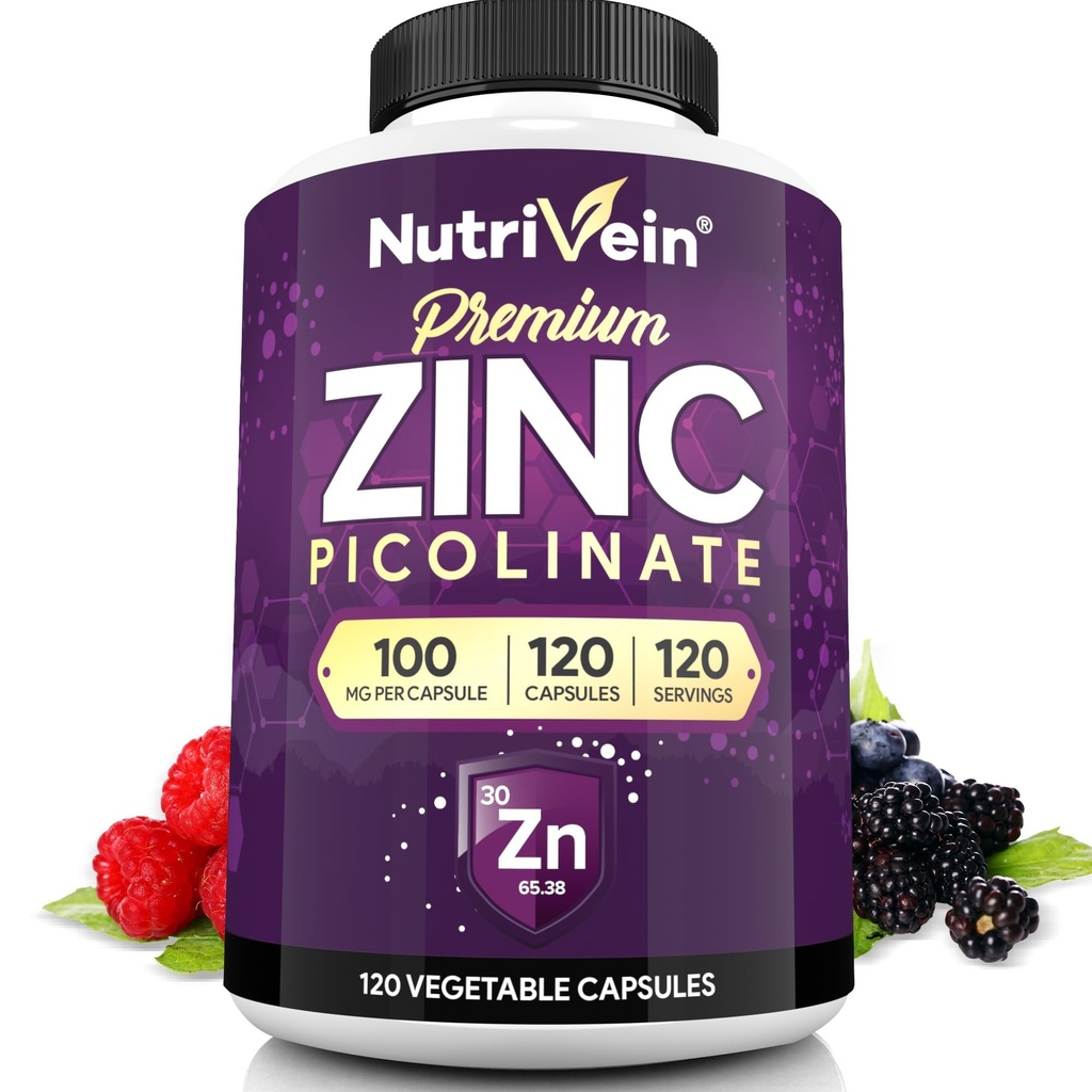 Nutrivein Premium Zink Picolinate 100mg - 120 Kapseln für Erwachsene: High-Absorption Zink Picolinat Ergänzungen - Essential Nourishment for Overall Wellness - Max Bioverfügbarkeit