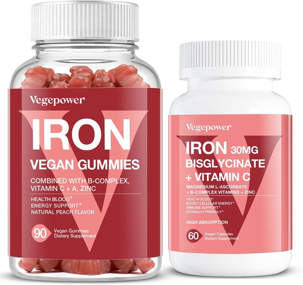 Gommies de fer végane + Bisglycinate de fer 30MG.com Supplément de fer végane pour le sang sain et l'énergie quotidienne pour les adultes et les enfants - 90 comte+60 comte