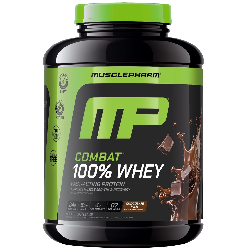 MusclePharm Combat 100% poudre de protéines de lactosérum, lait de chocolat, récupération rapide et gain musculaire avec lactosérum, poudre de protéines haute pour les femmes et les hommes, sans gluten, 5lb, 67 portions