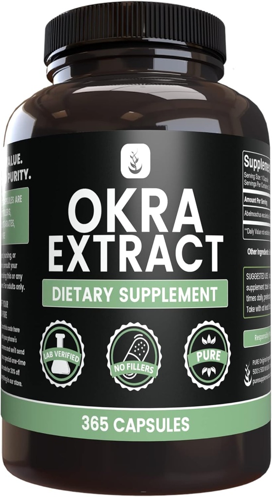 PURE ORIGINAL INGRÉDIENTS Extrait d'okra (365 Capsules) Pas de Magnésium ou de Rice Filters, Toujours Pure, Verified Lab