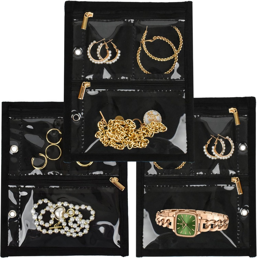 Reise Schmuck Organizer Case,Schmuckbeutel Schmuck Aufbewahrungs-Buch Binder mit klaren Reißverschluss Velvet Tasche für Reisen, Ohrringe, Ringe, Halskette, Armband (Inner Seiten, 3 PCS)