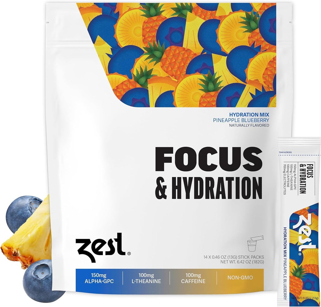 Zest Focus & Productivity Energy Drink – Ananas Blueberry Clean Energy Powder Packets mit 100 mg Koffein, L-Theanin & 150 mg Alpha GPC Nootropics – Low Sugar Electrolytes for Memory – 14 Sticks