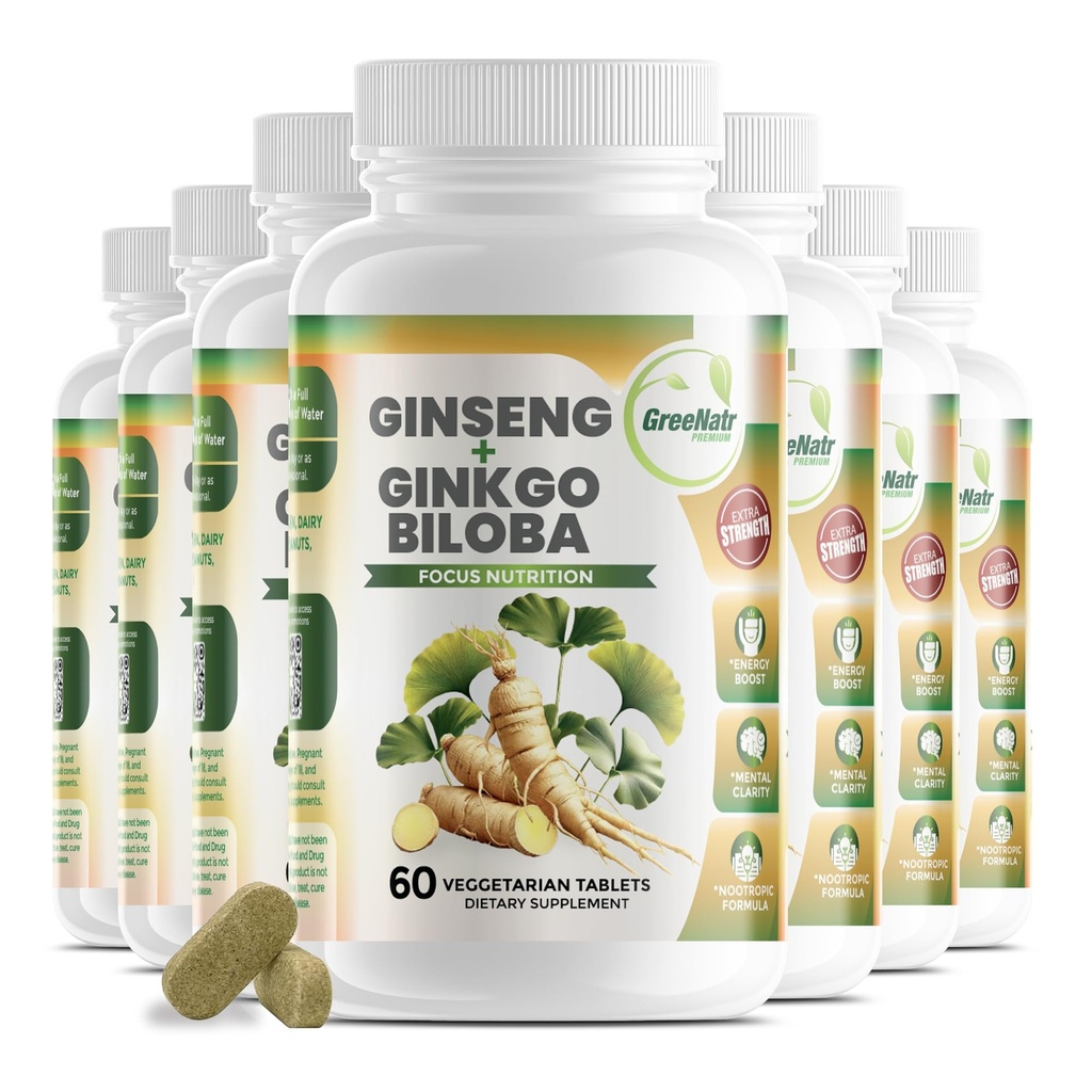 GreeNatr Ginko Biloba & Panax Supplément Ginseng - Supplément Cerveau Ginseng Rouge pour Mémoire et Focus - Ginkgo Biloba Suppléments pour une bonne vision, système immunitaire et amélioration du flux sanguin - 12 bouteilles