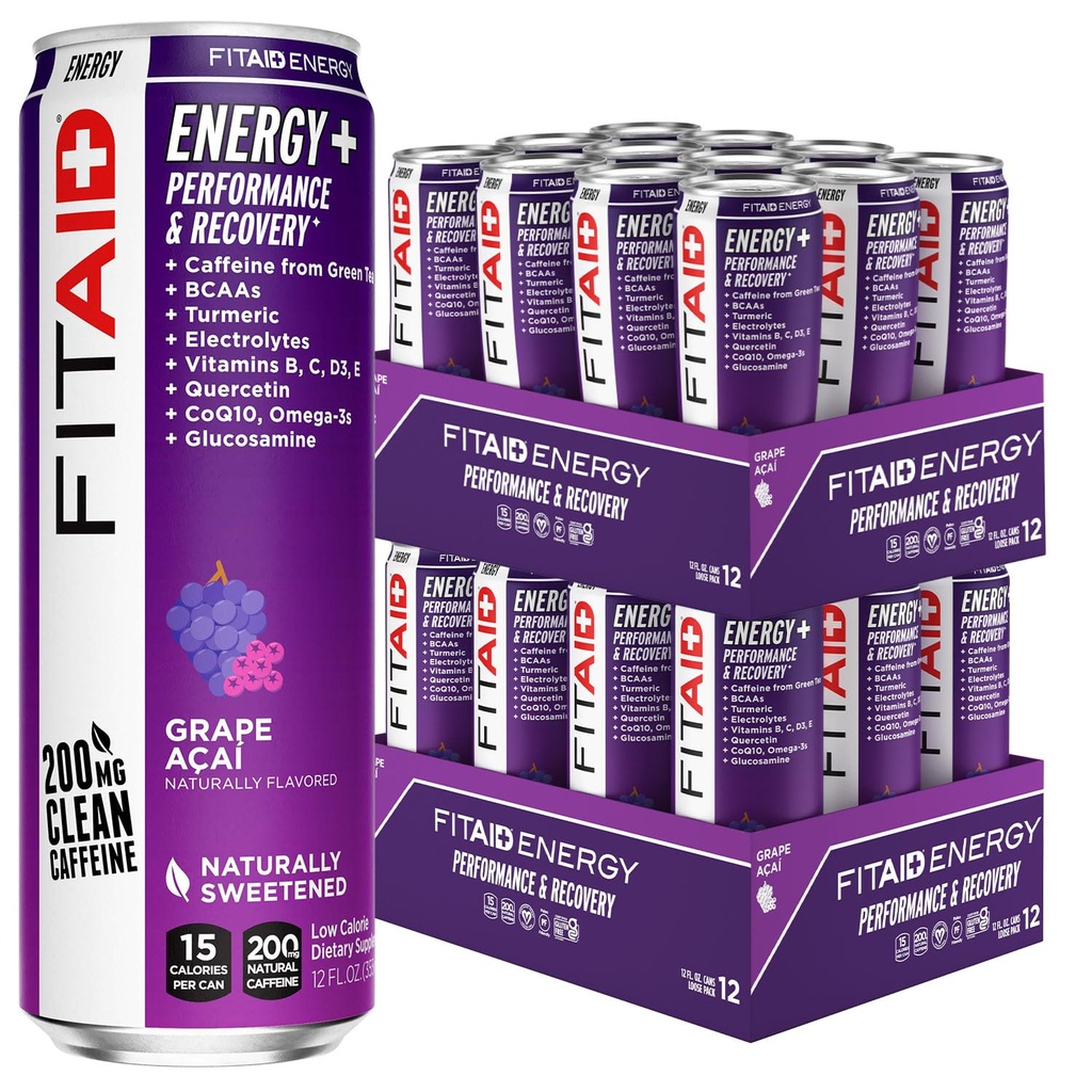 LIFEAID FITAID Energy Grape AÇAI, 200mg Natural Caffeine, Keto, Pre-Workout Performance: BCAAs, Quercetin, Elektrolyte, Omega-3s, 15 Kalorien, Paleo, Vegan & Gluten-Free, 12-oz (Pack von 24)
