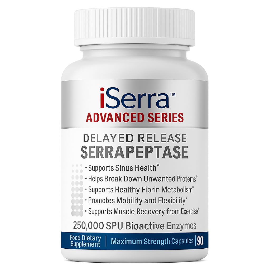 iSerra 250.000 SPU Serrapeptase Enzyme - 90 Maximum Strength Capsules - Bis zu 12x Mehr Potent als andere Serrapaptase - Verzögerte Release Technologie-High Potency Non-GMO, Glutenfrei, Vegan (Pack von 1)