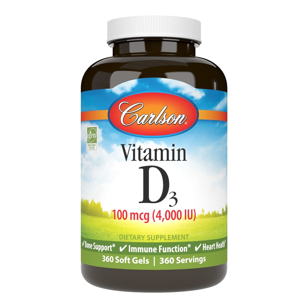 Carlson - Vitamin D3 4000 IU (100 mcg), Immununterstützung, Knochengesundheit, Muskelgesundheit, Cholecalciferol, Vitamin D Nahrungsergänzungsmittel, Vitamin D3 Weichgele, 360 Softgele