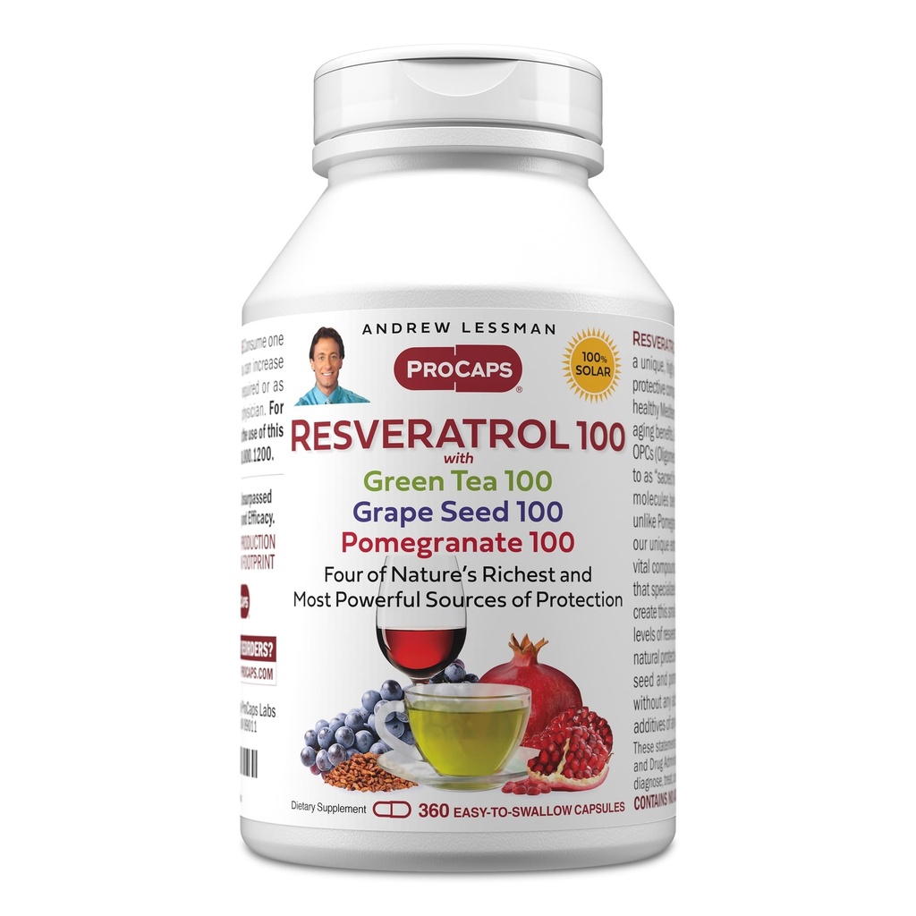 ANDREW LESSMAN Resveratrol-100 mit grünem Tee 100 Trauben Seed 100 Granatapfel 100mg - 360 Kapseln - Vier mächtige, schützende Antioxidantien.