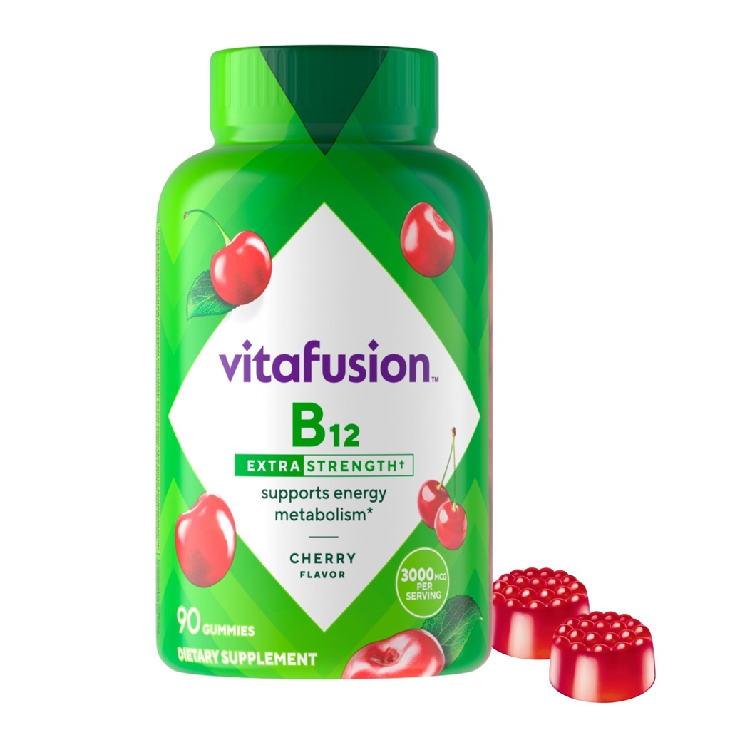 vitafusion Vitamine B12 de force extra, soutient le métabolisme de l'énergie et le système nerveux soutien de la santé, supplément de vitamine Gummy pour les femmes et les hommes, saveur cerise, 45 jours d'approvisionnement, 90 comte