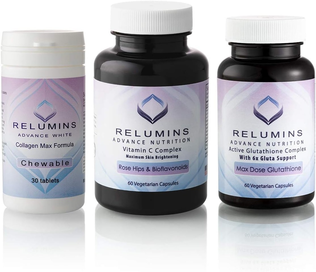 Relumines Advance White Triple Capsule MAX Set - MAX Dose Glutathione mit 6X Boosters, Collagen MAX Kautabletten und Vitamin C MAX - Maximale Hautbeleuchtung und Verjüngung (Ein Monat Versorgung)