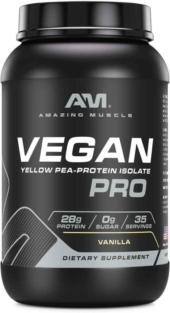 Amazing Muscle Vegan Protein Powder | 28 Gramm Protein | 34 Servierungen | Zero Sugar | Yellow Pea Protein Isolate Supplement | Made in USA (3 Lb, Vanilla)
