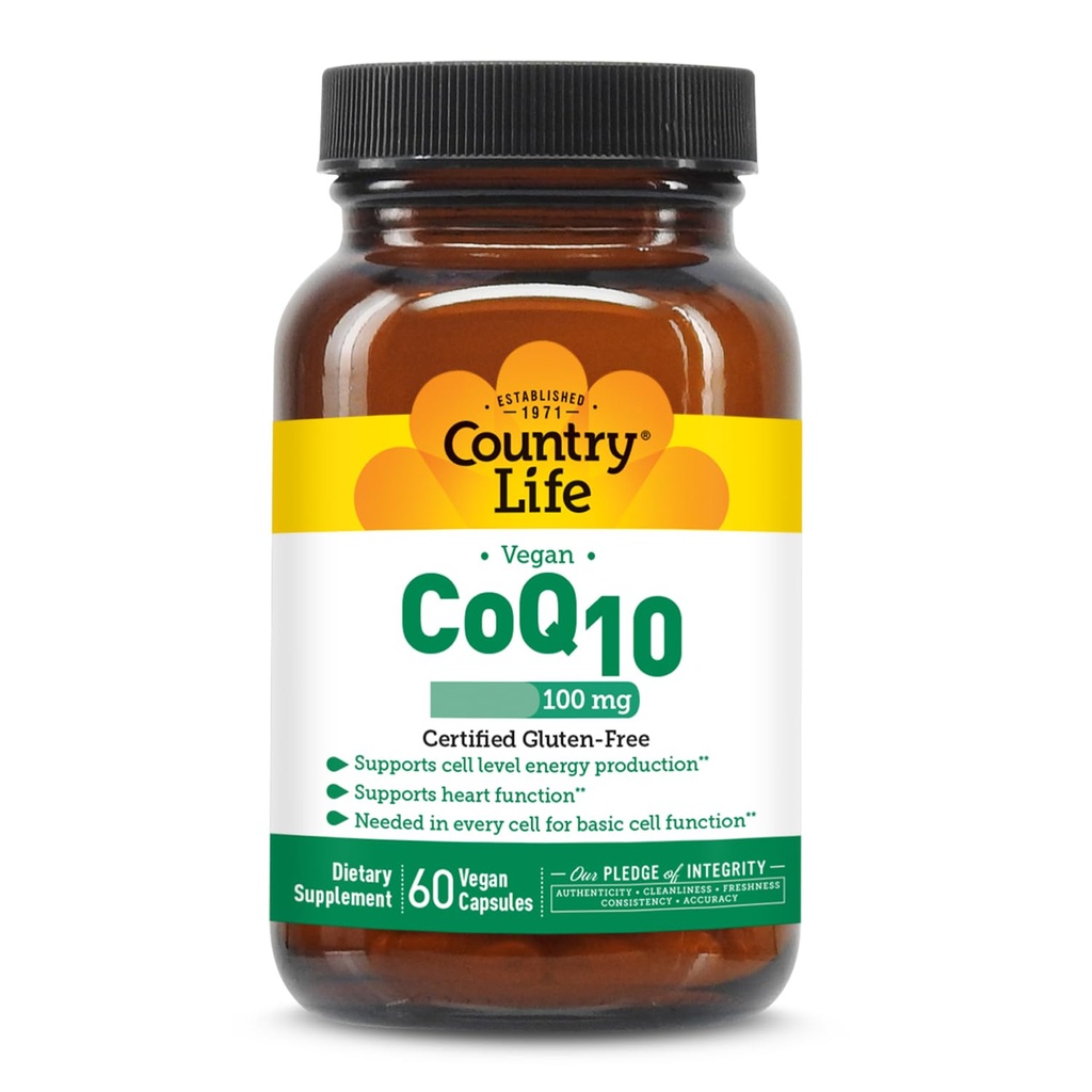 Country Life Simply CoQ10 100mg – prend en charge la fonction cardiaque et l'énergie cellulaire, les softgels végétaliens, le supplément certifié sans gluten, sans OGM, 60 ct – support de santé cardiovasculaire