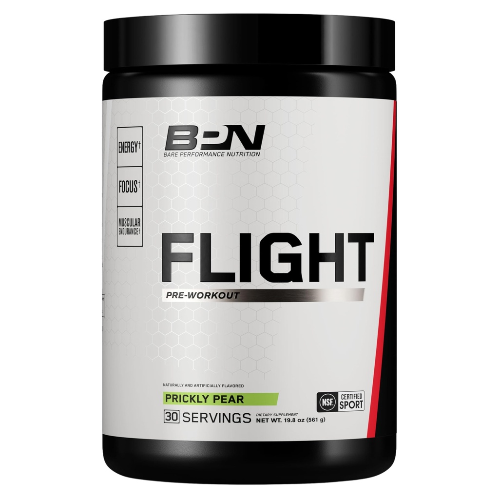 BARE PERFORMANCE NUTRIITION BPN Flight Pre Workout, soutient l'énergie et la concentration mentale, l'endurance améliorée et les pompes musculaires avec CarnoSyn® Beta Alanine, Prickly Pear, 30 services