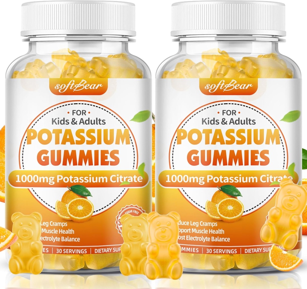 Softbear Potassium Citrate 1000mg, Sugar Free Potassium Gummis für Erwachsene unterstützen Leg Cramps & Muskel Gesundheit High Potency Potassium Supplement Gummis Orange Flavor 120 Count