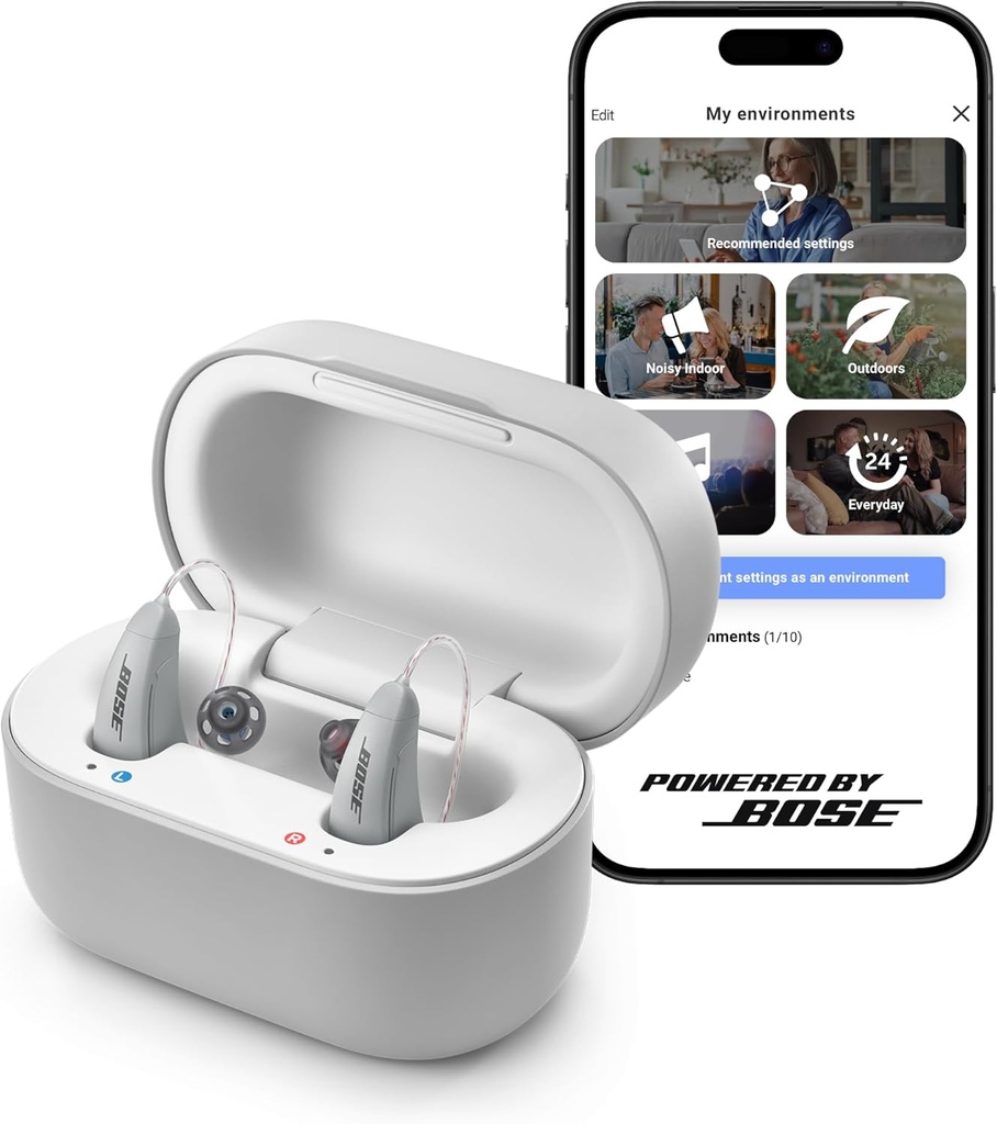 Lexie B2 OTC Aides auditives Powered by Bose - Bluetooth Call Actived for iOS, Rechargeable with App Control, all day Comfort. Solution autofixe, réduction du bruit, pour perte auditive légère à modérée (Gray)