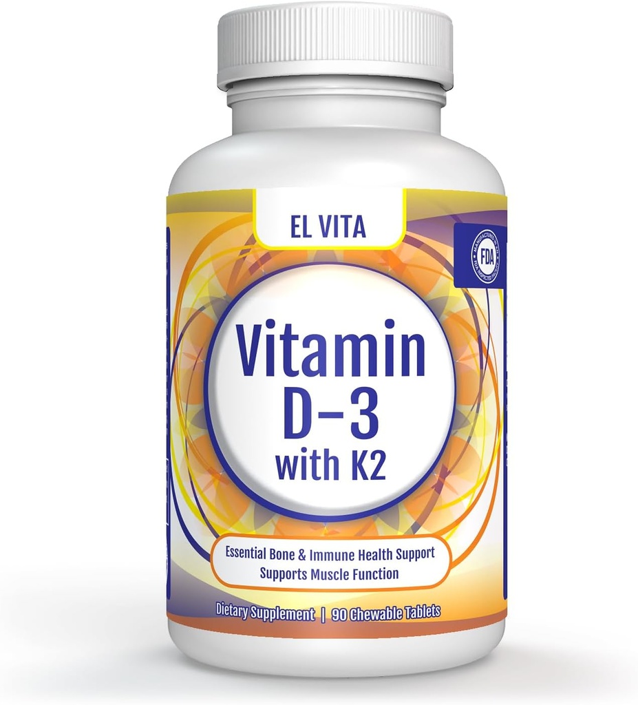 Vitamin D3 & K2. 90 Natürliche Kirsche Chewable Gemüse Tabletten. 2-in-1 Unterstützung Vitamin Nahrungsergänzung. Fördert essentielle Knochen- und Immungesundheit. Kein Zucker hinzugefügt.