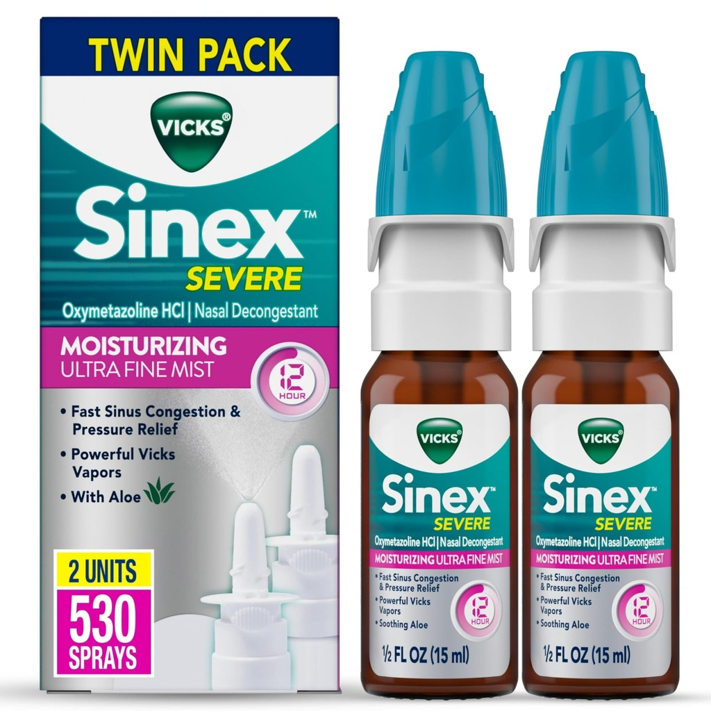 Vicks Sinex Spray nasal sévère, Hydratant Ultra Fine Mist avec Aloe, Médecine Dognéstante, Soulagement du Nez Stuffy dû au froid ou à l'allergie, Congestion nasale et soulagement de la pression sinusale, 265 Sprays x 2