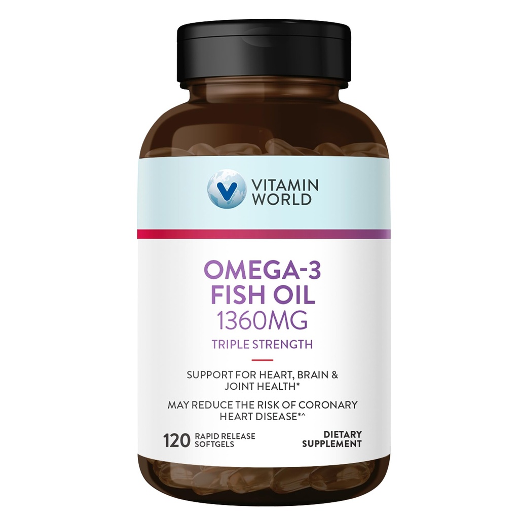 Vitamine World Triple Strength Omega 3 Huile de poisson 1360 mg Supplément, 950 mg Omega-3 Acides gras actifs avec EPA et DHA, soutient la santé cardiaque, cérébrale et articulaire, sans gluten, 120 Softgels, 4 mois d'approvisionnement