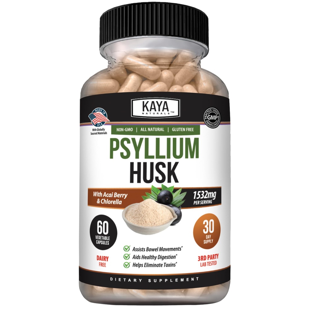 Kaya Naturals Psyllium Husk Kapseln - 60 Count | High Fiber Supplement | Verdauungs-Gesundheit & Regelmäßigkeit | Gluten-Free, Non-GMO