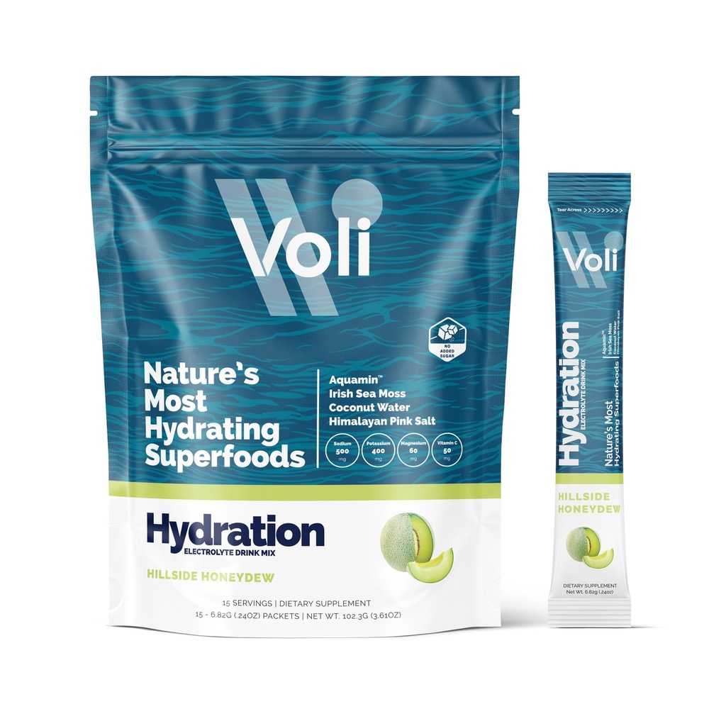 Voli Electrolytes Powder Packets | No Added Sugar Electrolyte Drink Mix for Hydration | Keto & Fasting Friendly, Natural Superfoods & Minerals | Honeydew, 15-Count