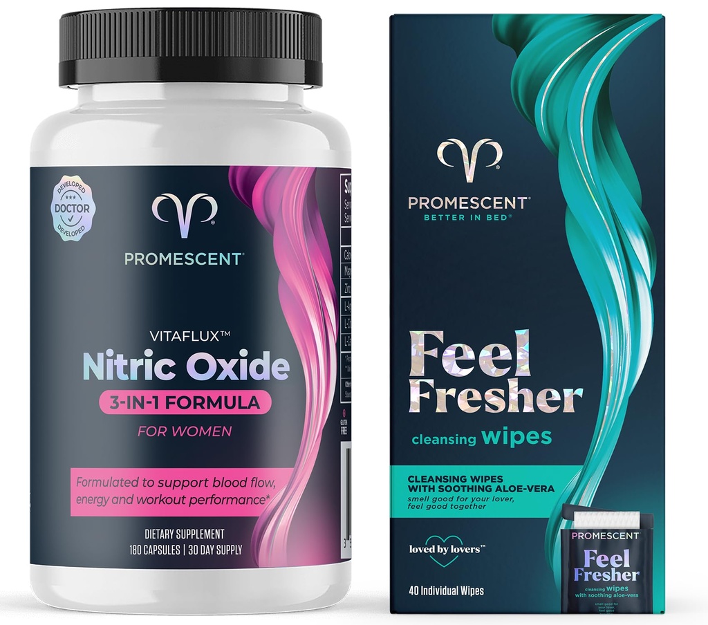 Promescent VitaFLUX Women's Nitric Oxide Booster Supplement + Flushable Wipes für Erwachsene, Personal Cleansing Hygienic Wet Wipes für Männer und feminine Verwendung