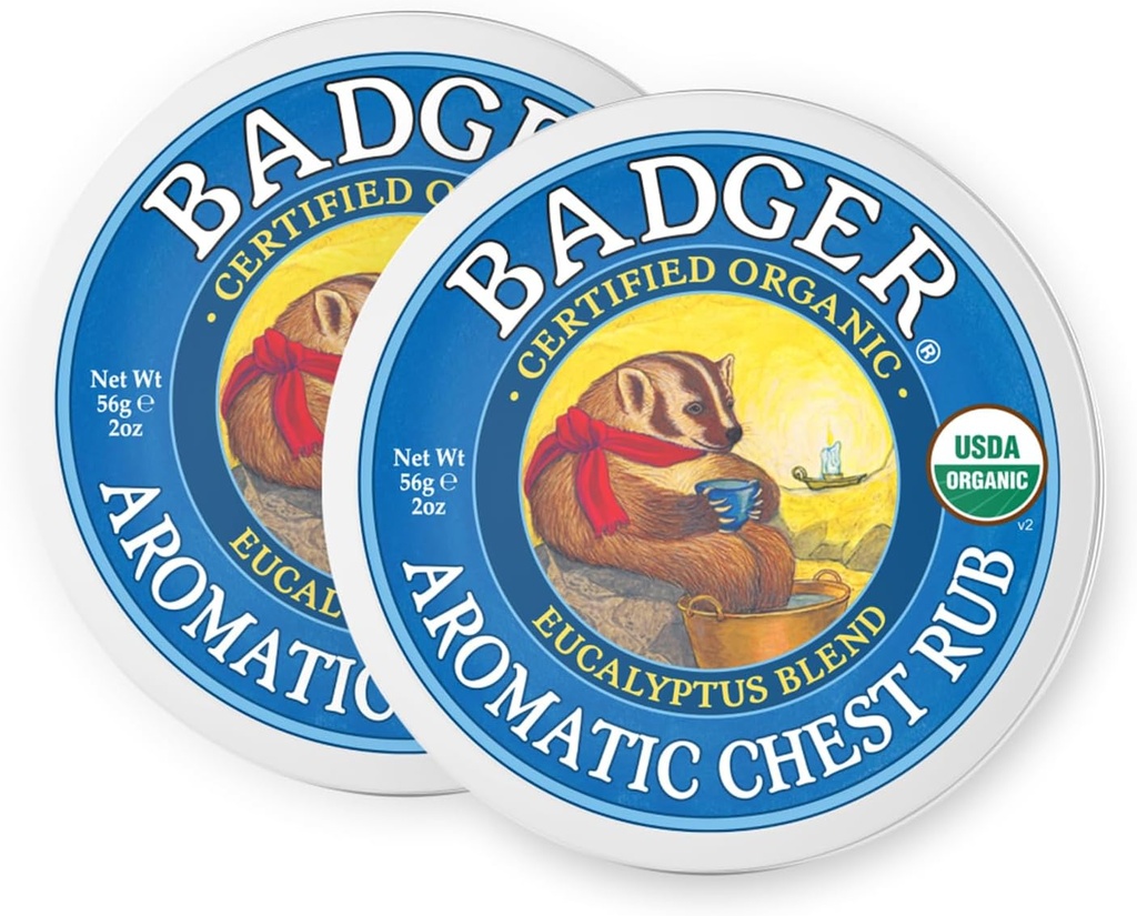 Badger Aromatic Chest Rub, 100% Bio Vaporub avec/Eucalyptus & Lavande Huiles Essentielles à Effacer & Soothe, All-Natural Chest Congestion Relief pour Adultes & Enfants, 2 oz Tin, 2-Pack
