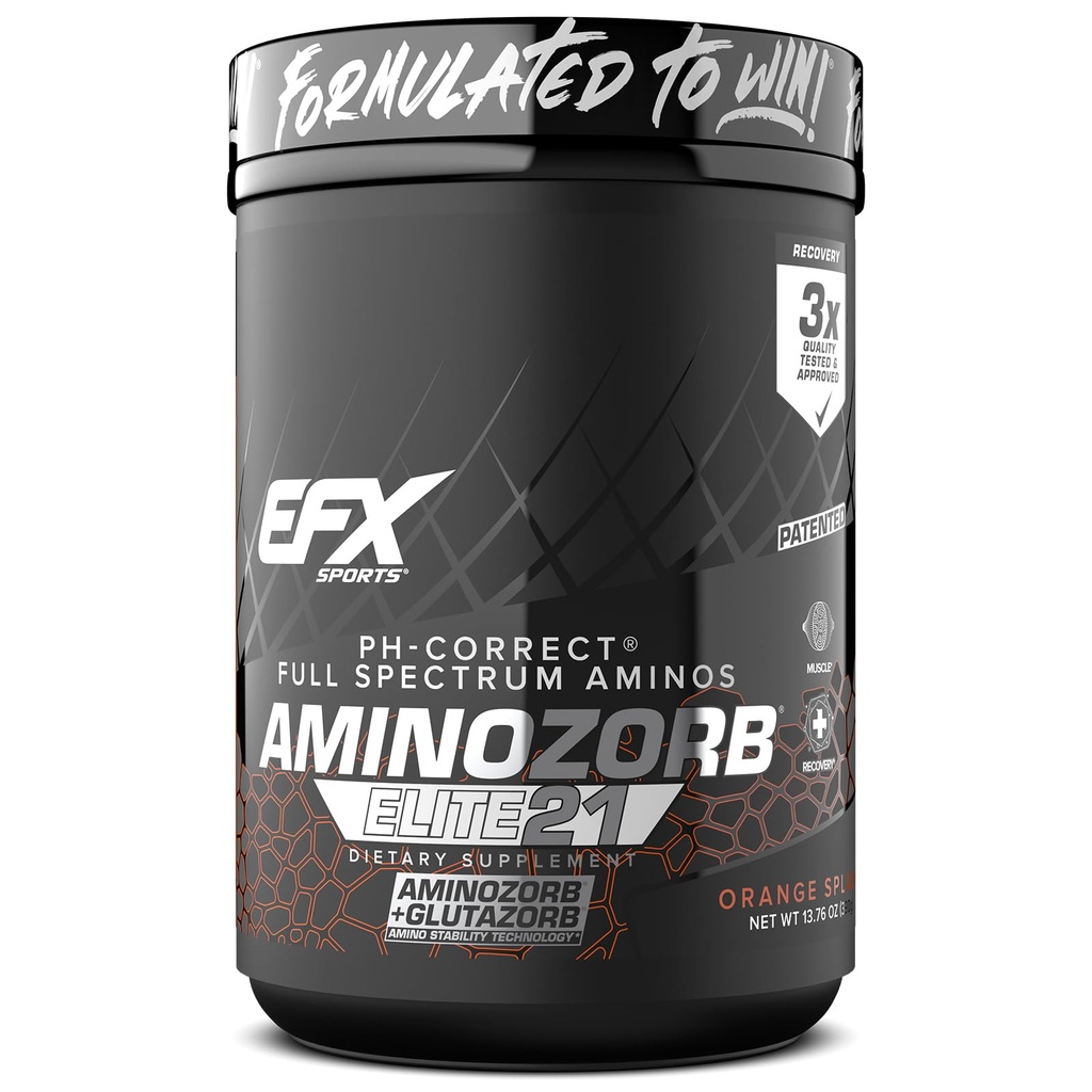 EFX Sports Aminozorb Elite 21 | PH-Correct, Full Spectrum Aminos + Glutamine | Essential & Non Essential Aminos | Zero Sugars | 30 Servis (Orange Splash)