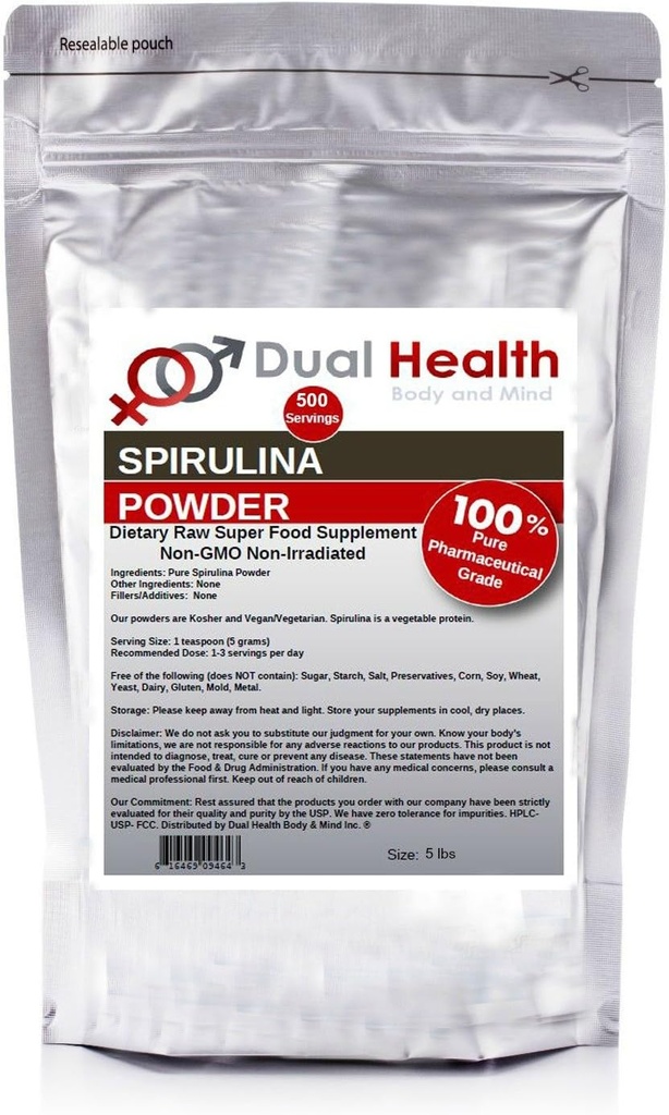 Dual Health Body & Mind Pure Spirulina Powder (5 lbs) Suppléments en vrac de protéines non irradiées