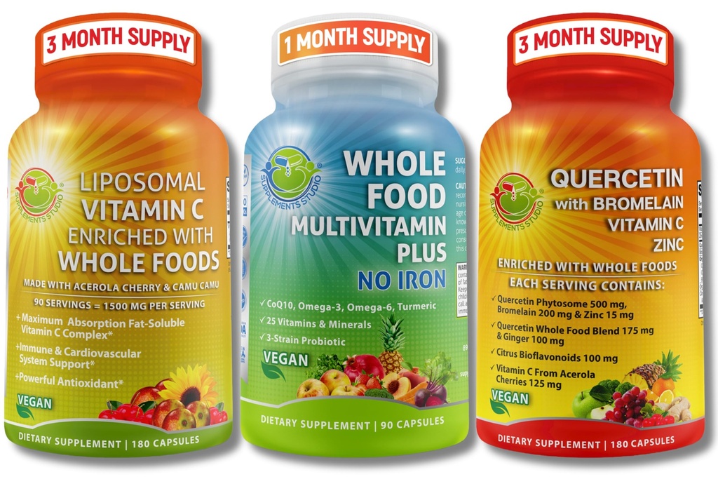 Vegane Immun- & Antioxidante Unterstützung Bundle – Liposomale Vitamin C 1500mg mit Bio Acerola & Camu Camu + Quercetin 500mg mit Bromelain, Zink & Vitamin C + Vegan Ganzes Essen Multivitamin ohne Eisen